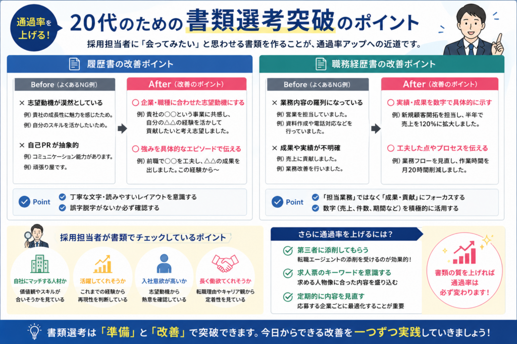 20代の転職における書類選考突破のポイントを解説したインフォグラフィック。履歴書・職務経歴書のBefore／After比較、採用担当者がチェックしているポイント、通過率を上げる改善方法、転職エージェント活用の重要性などを分かりやすく整理した転職ノウハウ画像。 