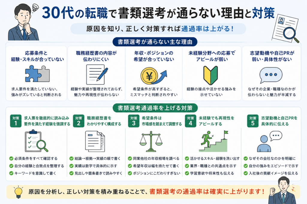 30代の転職で書類選考が通らない主な理由と、通過率を上げるための具体的な対策を図解でまとめたインフォグラフィック。応募条件とのミスマッチ、職務経歴書の改善、志望動機の見直しなどを解説している。
