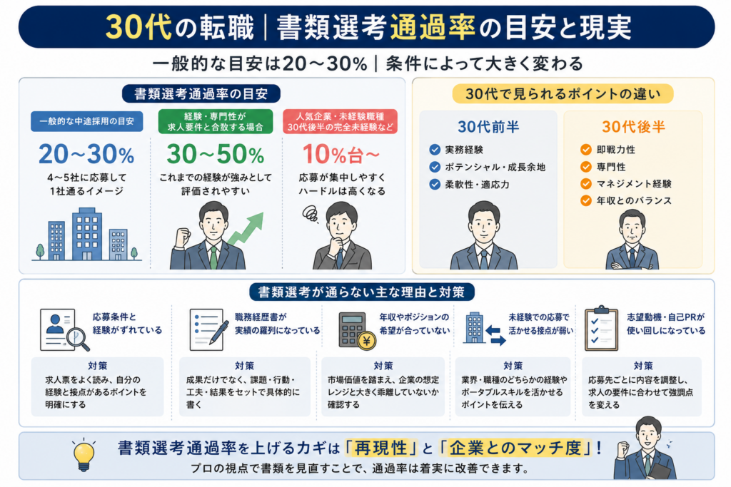 30代の転職における書類選考通過率の目安、30代前半と後半で重視されるポイントの違い、書類選考が通らない主な理由と改善策を図解でまとめたインフォグラフィック。
